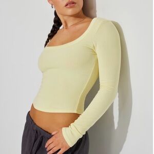 Garage butter Yellow Square Neck Ribbed Long Sleeve Top
